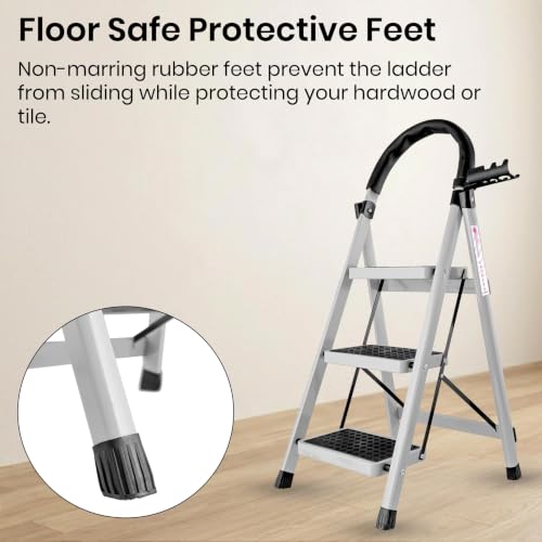 Image of Casa Copenhagen White 3 Step Ladder for Home Use with Built-in Tool Tray | Heavy Duty D Shape Rods | Ultra Large Platform | Wide Rubber Feet | 150Kg Capacity Foldable Ladder - 7 Years Warranty