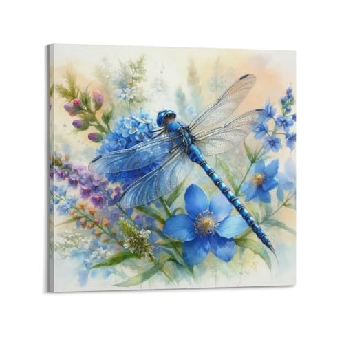 Tableau libellule haut de gamme sur toile tendue avec cadre bleu