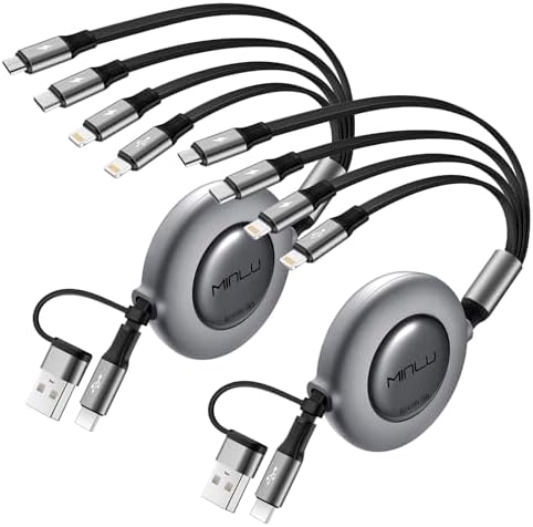 4 in 2 Retractable Charging Cable 4A,2Pack 4Ft Multi Chargers for All Devices,USBC Charging Cable with A/C to Type C/L/Micro USB Ports Universal Multiple USB Cable for iPhone Series/Samsung/Tablets/PS