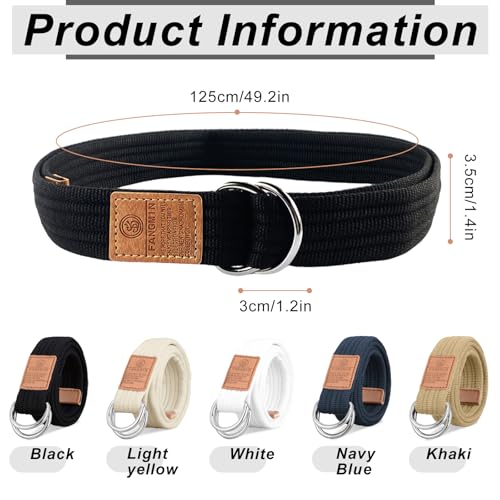 5 PCS Canvas Belt for Men, Web Fabric Casual Belt with Double D Ring Buckle, Adjustable Military Style Cloth Belts 1.25" Wide for Women (Black, White, Beige, Khaki Navy Nlue)2