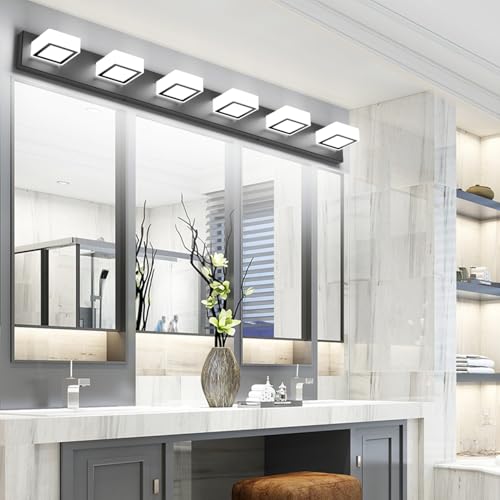 Image of Ralbay Black Bathroom Vanity Lights 48inch Metal Acrylic LED Modern Bathroom Wall Lighting Fixtures Matte Black (White Light 6000K, Non-dimmable)