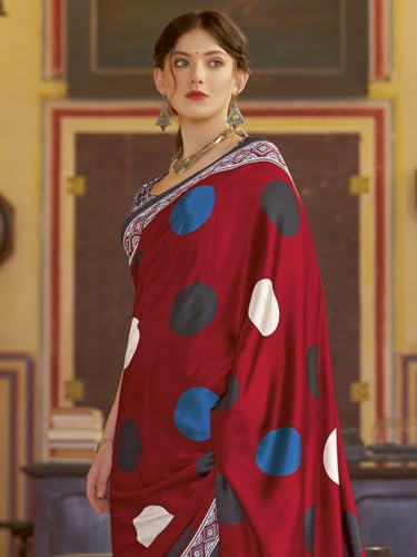 Image of SAREE MALL Women's Ajrkh Print Satin Crepe Polka Dot Printed Saree With Unstitched Blouse Piece