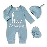GRNSHTS Newborn Baby Boy Romper Coming Home Outfits Letter Print Knitted Jumpsuit+Hat+Gloves 3PCS Clothes Set (Cadetblue, Newborn)