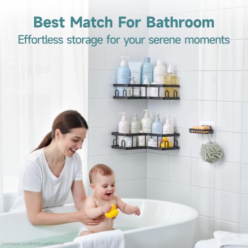 Image of Veken Corner Shower Caddy 3-Pack, Advanced Rustproof Design&Stable Storage | No Drilling Adhesive Shelves, Rack with Soap Holder & Hooks, Thickened Metal Frame, Bathroom Organizers and Storage, Black