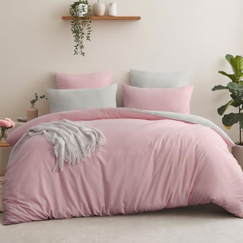 Aisbo Bettwäsche 220x240 3teilig Rosa Beige - Bettwäsche Sets 1 Bettbezug 220x240 cm + 2 Kissenbezüge 80x80 cm, ÖKO-TEX Wendebettwäsche Weich...