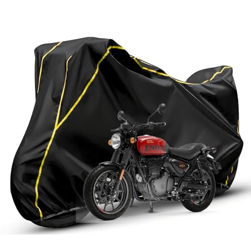 Image of Waterproof Bike Body Cover Compatible with RE Hunter 350 Dustproof Scratchproof - Motorcycle Cover for Two Wheeler, Outdoor Full Cover with UV, Duty, Rain Protection (Black & Yellow)