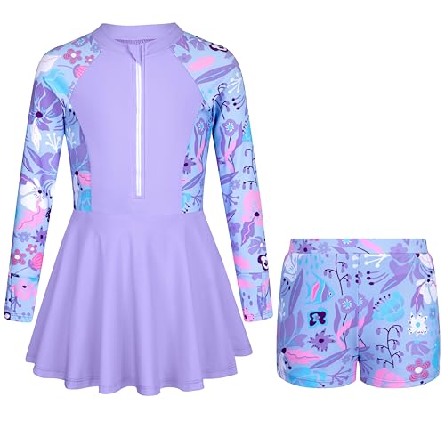 Image of HOZIY Girls Long Sleeve Swimsuit Two Piece Rash Guard Dress with Swim Shorts Front Zip for Kids Tween Teens UPF 50+
