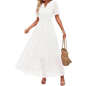 ZESICA Women’s 2025 Summer Short Sleeve Maxi Dress Casual V Neck Hollow Out Eyelet Ruffle Swing A Line Long Dresses