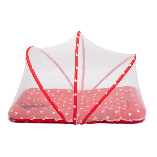 Image of TIDY SLEEP Baby Bed with Mosquito Net & Neck Pillow, Baby Gadda Set for New Born, 0Months+, Printed Baby Gadda, Baby Sleeping Bed (Boat House Mickey Red)