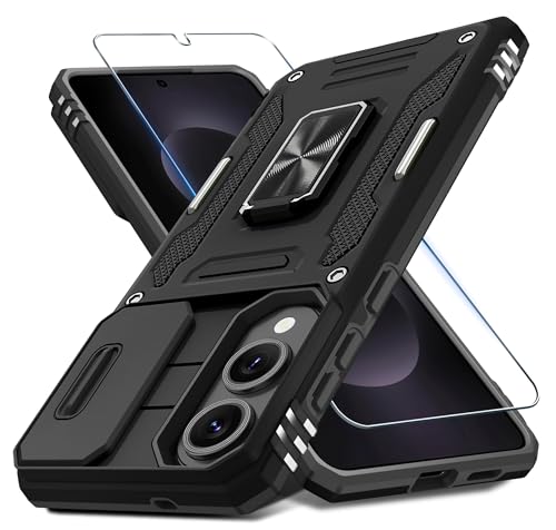 DEERLAMN Case for Samsung Galaxy S25 Edge with Slide Camera Cover+Screen Protector (1 Pack), Rotated Ring Kickstand Military Grade Shockproof Protective Cover-Black