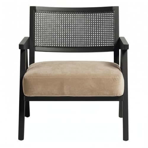 Image of Kingsman Furnitures ABEL Rattan Teak Wood Accent Arm Chair for Home Bedroom, Living, Dining, Drawing Room | Ultra Soft and Comfortable for Stress Free | Removable Cushion (Black Cane- Beige Velvet)