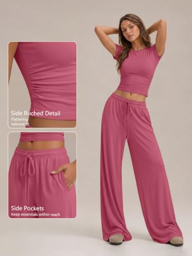 Image of Trendy Queen 2 Piece Matching Summer Lounge Set Womens Side Ruching Top Wide Leg Pants Sets with Pockets