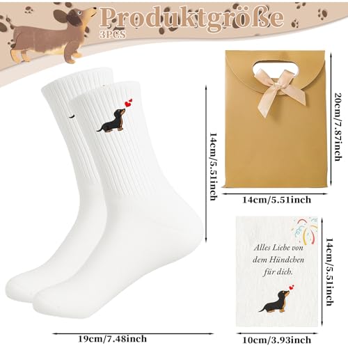 MOAZIFI Dackel Hundesocken mit Herz-Stickerei, Dackelsocken, Dackel Geschenke Atmungsaktiv, Geruchsneutral & Reibungsfrei, Geschenkset inklusive Karte und Tasche