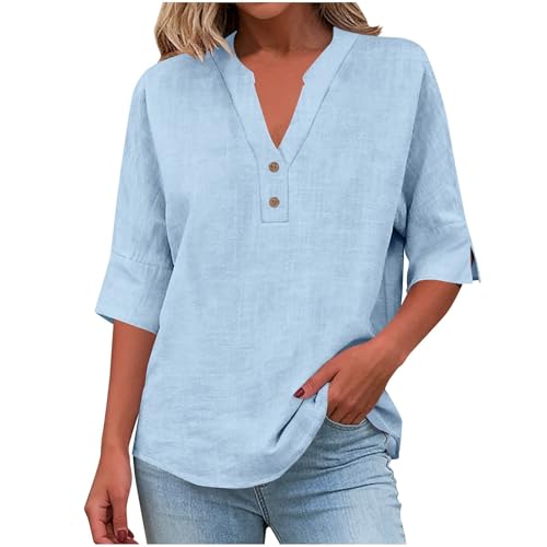 Chemise Femme Coton Et Lin Chemises Lin Manches 3/4 Col V Boutonné Top Henley Chemise Couleur Uni Lâche Respirant T-Shirts Tunique Femmes Chic Et Elegant...