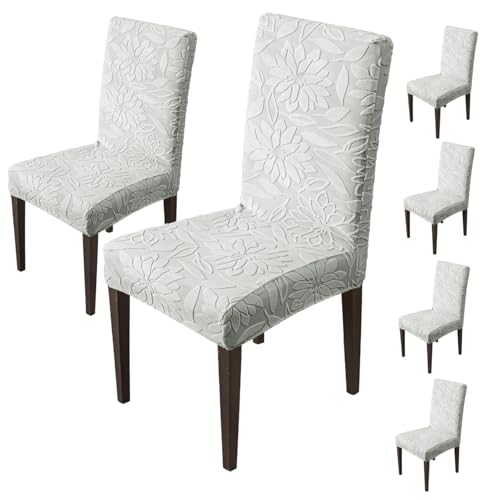 Image of House of Quirk Stretchy Universal Camellia Jacquard Waterproof Chair Cover Removable & Washable Short Dining Chair Cover Protector Seat Slipcover (Light Grey,Pack of 6)