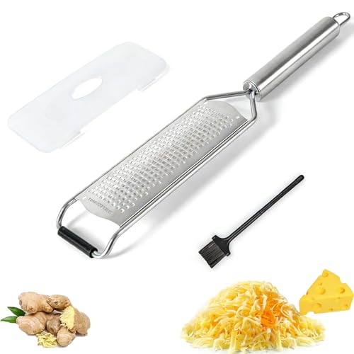 304 Stainless Cheese Grater Parmesan Cheese Grater with Handle Lid and Brush for Parmesan Lemon Vegetables Potato Garlic Ginger Kitchen Parmesan Grater (Silver)