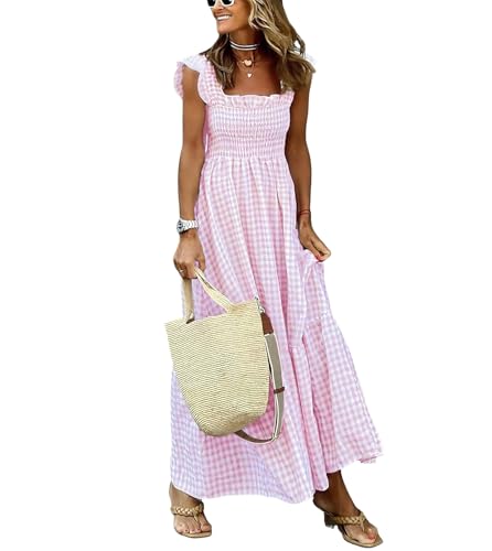 Image of ebossy Women's Fashion Plaid Dress Sleeveless Smocked Ruffle Pleated Boho Party Beach Gingham Maxi Dresses