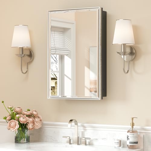 Image of Keonjinn 16 inch x 24 inch Bathroom Medicine Cabinet with Mirror, Brushed Nickel