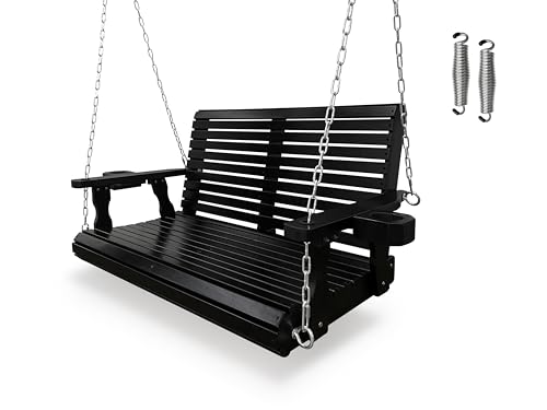 Wooden Porch Swing 2-Seater, High Backrest and Deep Seat, Bench Swing with Cupholders, Hanging Chains and 7mm Springs, Heavy Duty 880 LBS, for Outdoor Patio Garden (Carbon Black - 4 FT Extra Large)