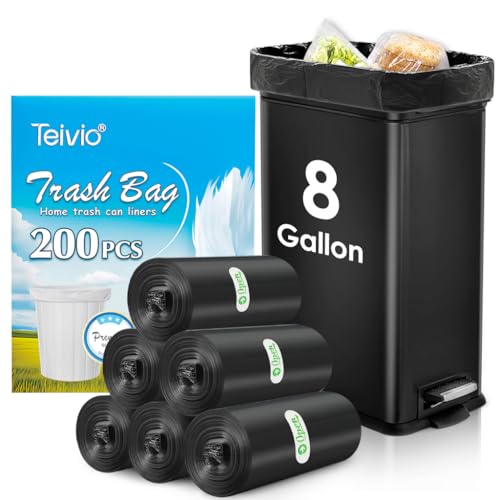 Image of 8 Gallon 200 Counts Unscented Medium Trash Bags,Fit 7,8,9,10 Gal Garbage Bags by Teivio, 30 Liter Thick Bathroom Can Bin Liners,Plastic Bags for Home Office Kitchen, Black