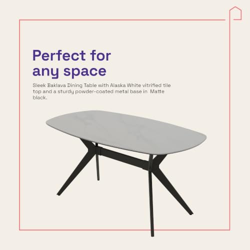 Image of Wakefit Baklava Dining Table - Alaska White - 6 Seater I Marble Finish I Vitrified Tile Top I Alaska White