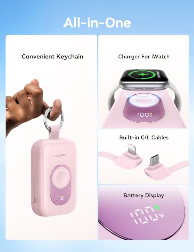 Image of RORRY CharmGo Portable Charger, 20000mAh PD 30W Portable Charger Power Bank with 2 Built-in Cables, Fast Charging Battery Pack with Keychain, Travel Essentials for iPhone, Apple Watch, iPad, Coral