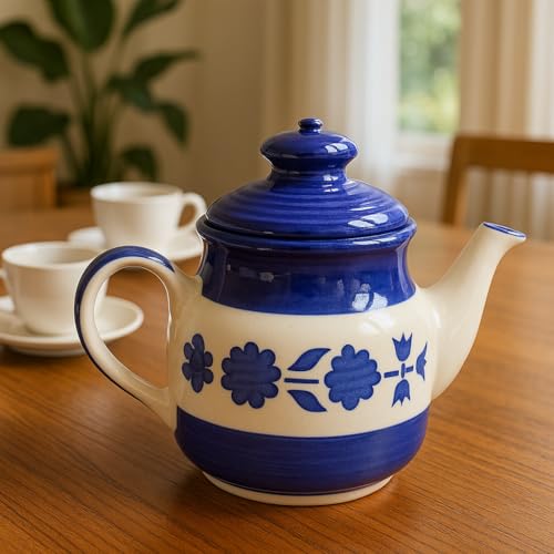 Image of Saras aajeevika Khurja Pottery Handmade Ceramic Round Tea Pot-500ml|Prefect for Serving Hot Soups Herbal Coffee Milk Teapot Sauce Boat Daily Use Home Kitchen Dining Table Decor Return Gift Items