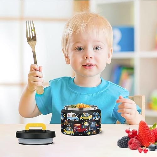 PIQUEBAR 8oz Kids Thermo for Hot Food,Small Lunch Thermos Food Container Stainless Steel,Easy Open Wide Mouth Thermo for Hot Cold Food for Preschool Travel (Black Animal Truck)