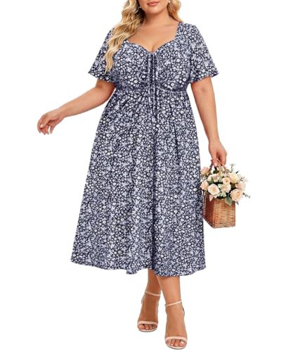 Image of CARCOS Plus Size Dresses for Curvy Women Tie Sweetheart Neck Summer Maxi Dress Short Sleeve Empire Waist Floral Boho Dress