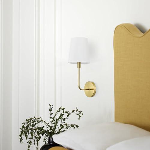 Image of PASSICA Decor Hardwired Wall Sconces Set of 2, Gold Wall Lighting Fixture with Flared White Fabric Shade, Vintage Lamps for Living Room Bedroom Bathroom Hallway