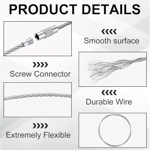 Image of Zonon 20 Inch Large Wire Keychain Cables, Heavy Duty Stainless Steel Screw Clasp Loops for Luggage Tags Keys ID Cards