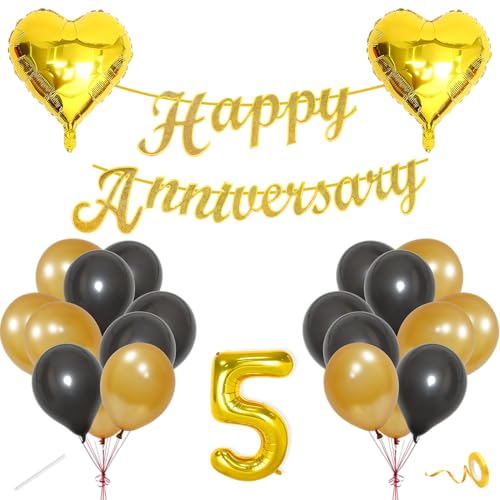 Image of Flyloons 5th Happy Anniversary Decoration Items Gold Black for Men Women Husband Wife Mom Dad Parent Couple Home Bedroom Car With 20 Pcs Metallic Balloons Anniversary Banner 2 Pcs Heart Set Kit Golden