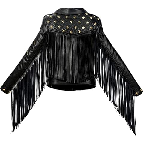 SX Spring Autumn Women Jacket NEW Personality Tassel Rivets Faux Leather PU Short Biker Leather Jacket Black Streetwear Coat (XL, Black) Cover