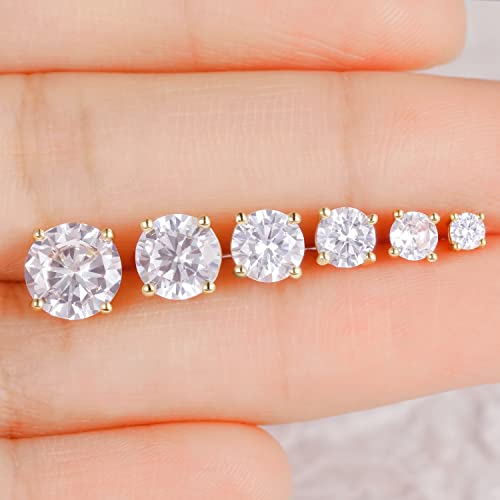 Gemsme 3-8mm Round Cut Cubic Zirconia Gold Earrings for Women/Men Trendy - Hypoallergenic Flat Back Stainless Steel With 18K Yellow Gold Plated CZ Stud Earrings Set - 6 Pairs4