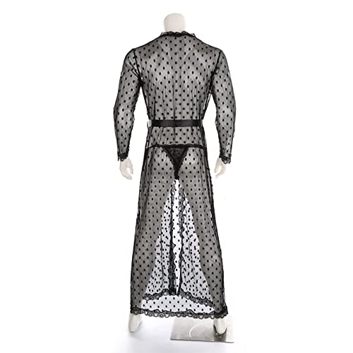 Wodceeke Mens Sexy Long Lace Bathrobe Kimono Robes See Through Sissy Lingerie Robe Slit Pajamas Belted Sleepwear With Thong #TOP5