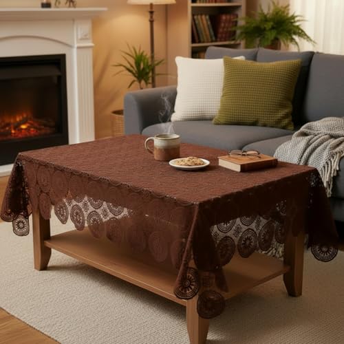 STITCHNEST Cotton Net Table Cover for 2–4 Seater Dining Table | Decorative Lace Design | (40x60 Inch) | Rectangular Center Table Cloth | Brown | Pack of 1