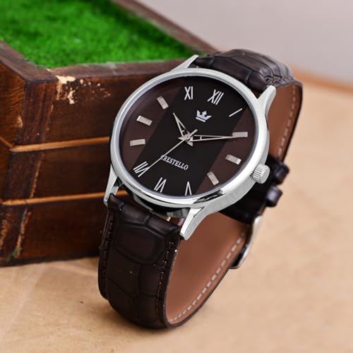 Image of CRESTELLO Faux Leather Strap Analog Wrist Watch for Men (Black /Blue /Green /Brown /Silver Dial) | CR-WT044