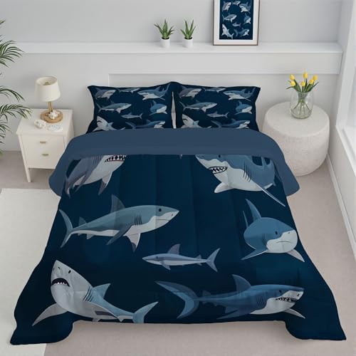 JEDTAKCT Edredón Nórdico Tema De Tiburón Estampado Cama 105, Edredón De Animales del Océano Reversible Transpirable Tacto Pluma, 240X220Cm, Acolchado Suave para Otoño Invierno, Azul Marino