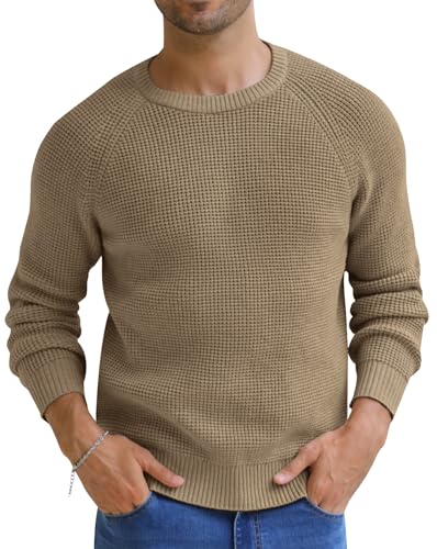 NITAGUT Mens Crewneck Pullover Sweater Waffle Textured Solid Knitted Soft Long Sleeve Sweaters with Ribbing Edge