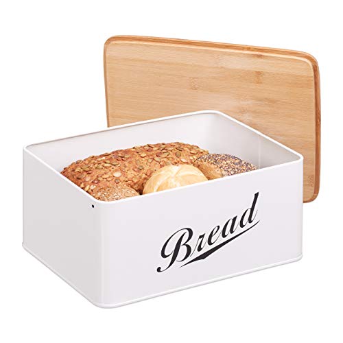 Relaxdays Brotkasten, Brotbox in Retro Design, Bambusdeckel, mit Aufschrift Bread, Metall, 14 x 30,5 x 23,5 cm, weiß 10024603