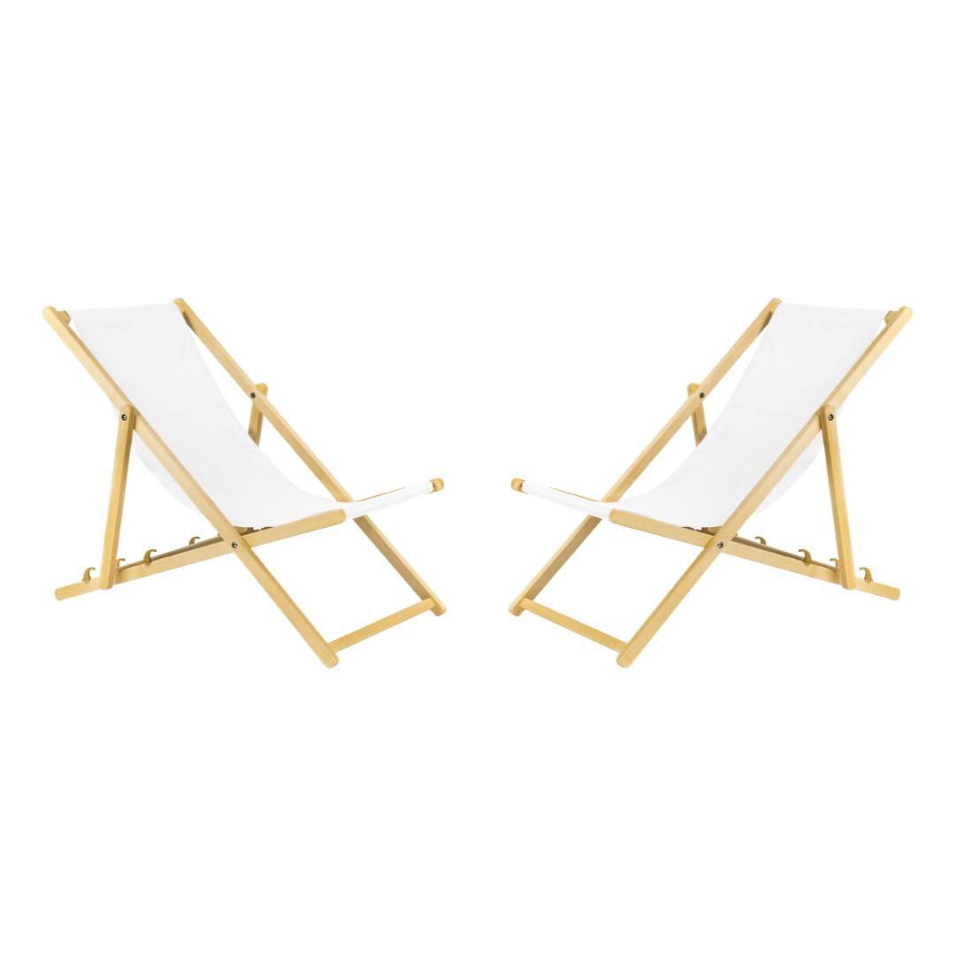 BAS Wooden Folding Sun Lounger with Safety System, Pack of 2, White