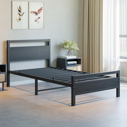 Image of BOFENG Black Twin Bed Frame with Wood Headboard,Metal Single Platform Bed Frame Twin Size No Box Spring Needed,Heavy Duty Metal Slats Support,Noise Free,Single Bed Base,Easy Assembly