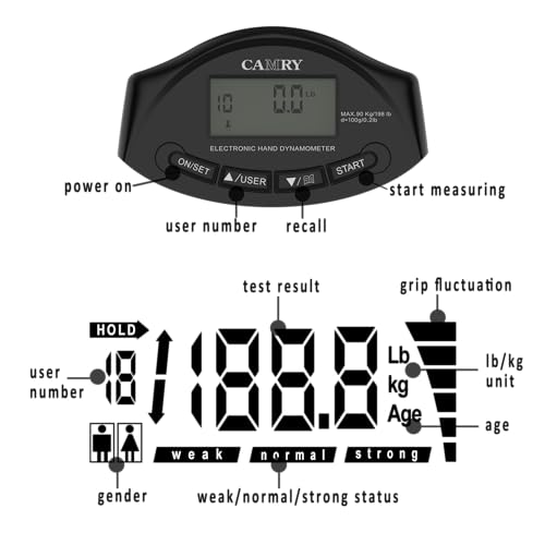 camry Digitales Hand-Dynamometer, Griffstärke-Messgerät, automatische Erfassung der elektronischen Handgriffkraft, 198 lbs/90 kg, Schwarz