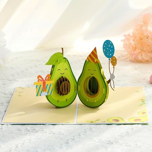 DORAFIORA® 3D Pop-Up Karte Avocado – Lustige Geburtstagskarte Avocado-Paar mit Ballons & Geschenk | Witzige Pop Up Karte für Kinder & Erwachsene | inkl. Umschlag
