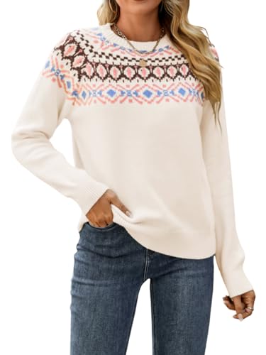 Fair Isle Pullover Sweaters, Crew Neck Chunky Knit, Winter Clothing Holiday, Vintage Crochet Fall Tops for Women