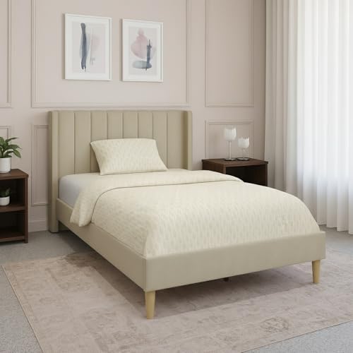 Image of Metal Upholstered Bed Queen Size Without Storage | Wooden Queen Size Cot with Headboard | Double Size Bed for Bedroom | Palang Furniture for Guest Room & Hotels, Beige, (Beige)