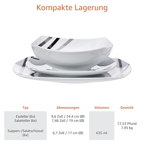 Amazon Basics Geschirrservice, 18 Stück, Moderne Strahlen, für 6 Personen