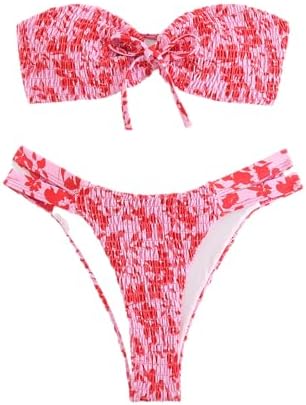 GORGLITTER Women&#39;s Strapless Bikini Set Floral Bow Bandeau Swimsuit String High Waisted Smocked Bathing Suit