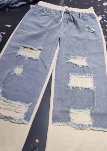 Women's Denim Trousers with Stitching and Ripped Design, Summer Drawstring Elastic Waist Wide Leg Patchwork Jeans3