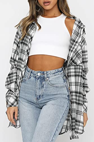 Image of CHYRII Womens Button Down Flannel Shirts Long Sleeve Plaid Shackets Business Casual Blouse Top